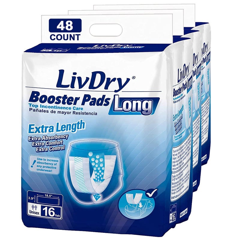 Incontinence Booster Pads by LivDry Extra Absorbent Protection for Adults Unisex Disposable Comfortable Pad 48 Count Long Length